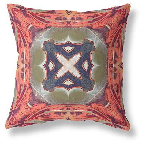 Amrita Sen Pastel Floral Squares Broadcloth Indoor Outdoor Blown and Closed Pillow Hot Peach Green