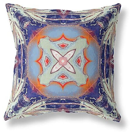Amrita Sen Pastel Floral Squares Suede Zippered Pillow with Insert Cream Grey Indigo Light Blue Orange