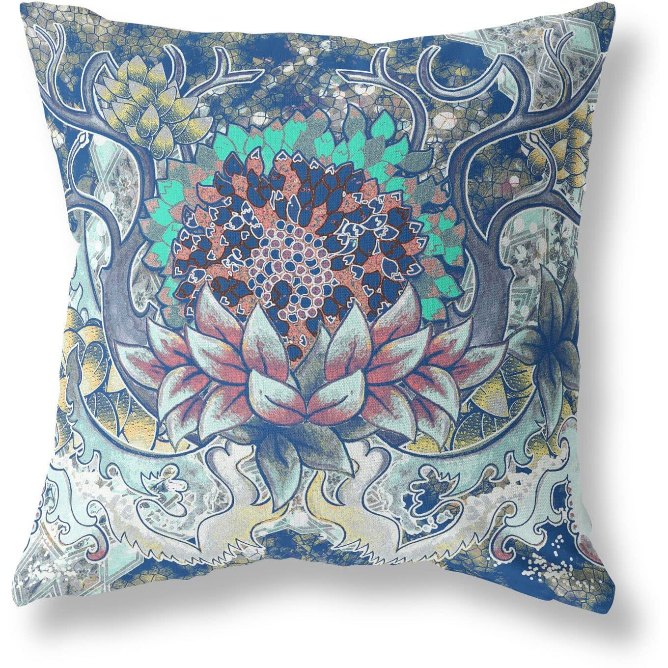 Amrita Sen Vase Sunflower Matches Suede Blown and Closed Pillow Blue Aqua Yellow