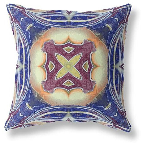 Amrita Sen Pastel Floral Squares Suede Zippered Pillow with Insert Blue Muted Orange Cream