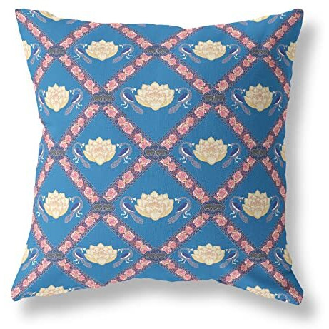 Amrita Sen Lotus Peacock Rose Broadcloth Indoor Outdoor Blown and Closed Pillow Blue Yellow Pink