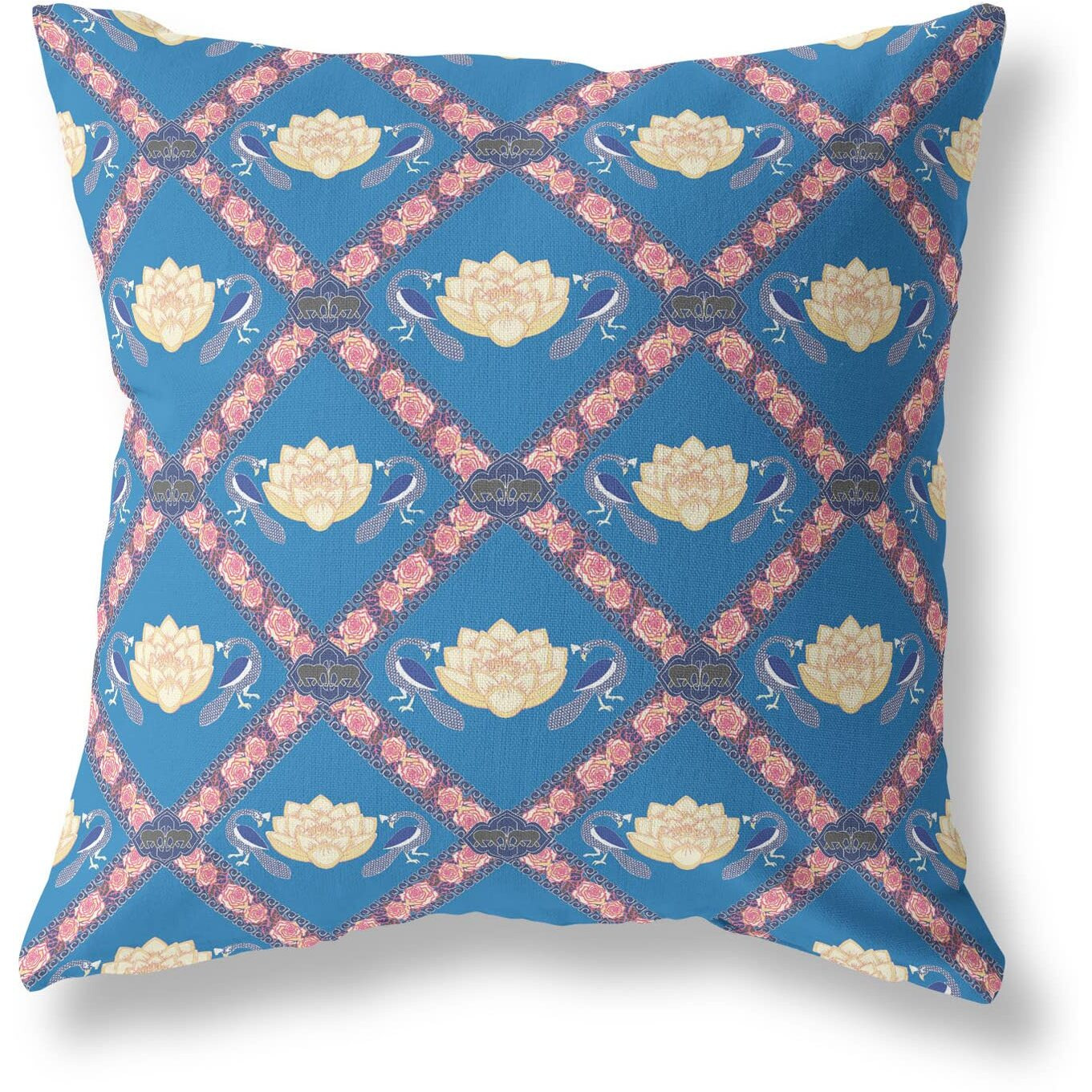 Amrita Sen Lotus Peacock Rose Broadcloth Indoor Outdoor Blown and Closed Pillow Blue Yellow Pink