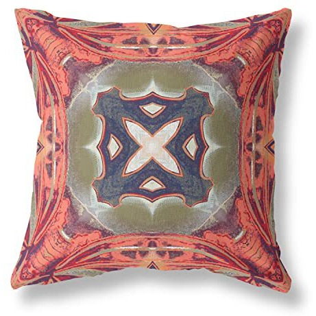 Amrita Sen Pastel Floral Squares Suede Blown and Closed Pillow Hot Peach Green