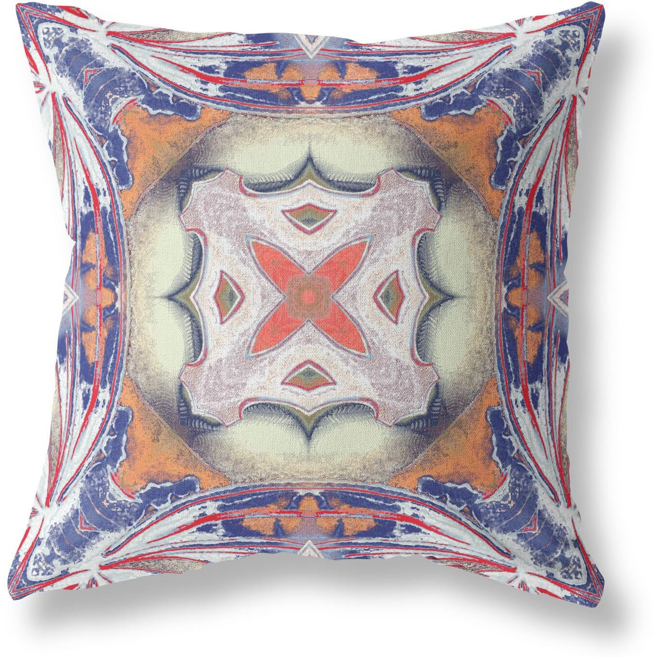 Amrita Sen Pastel Floral Squares Suede Blown and Closed Pillow Blue Orange Muted Yellow White