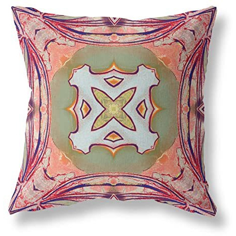 Amrita Sen Pastel Floral Squares Broadcloth Indoor Outdoor Blown and Closed Pillow Peach Magenta Green