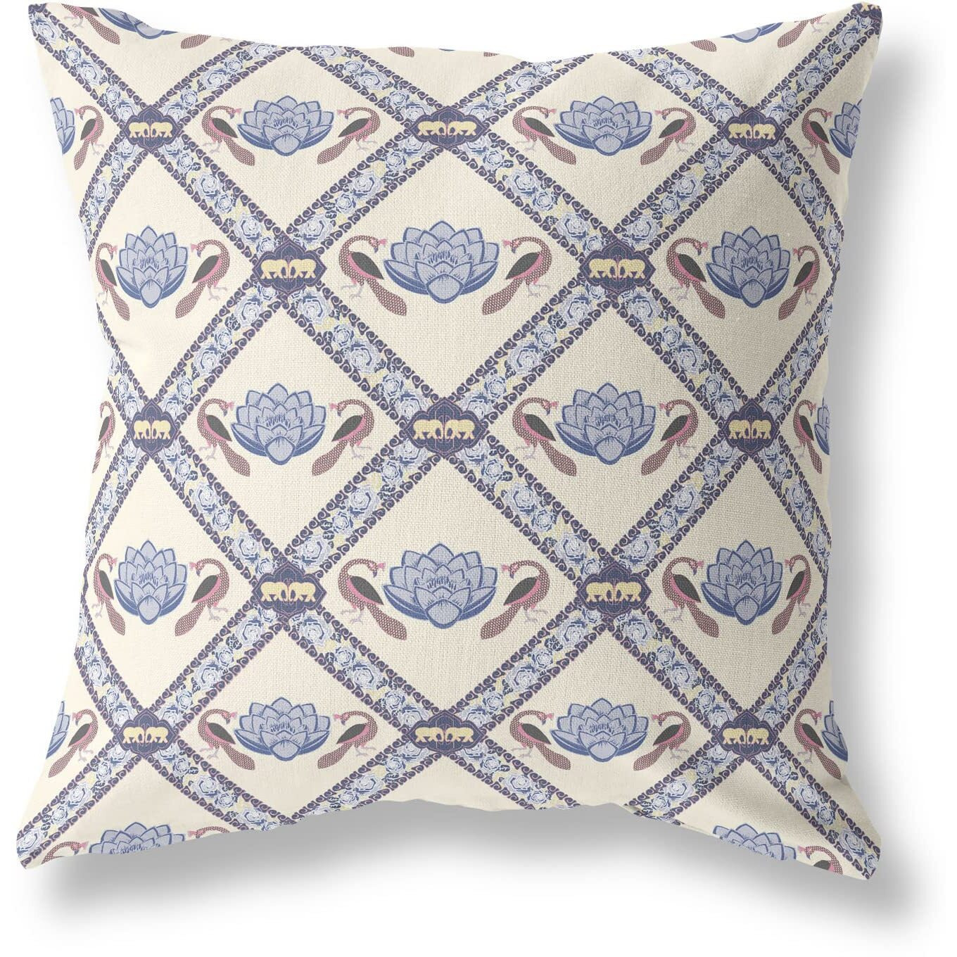 Amrita Sen Lotus Peacock Rose Suede Blown and Closed Pillow Cream Gray Brown