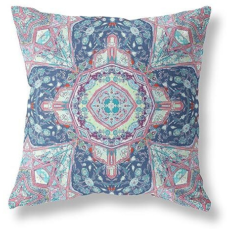 Amrita Sen Buddha Flower Ceremony Suede Blown and Closed Pillow Blue Light Blue Pink