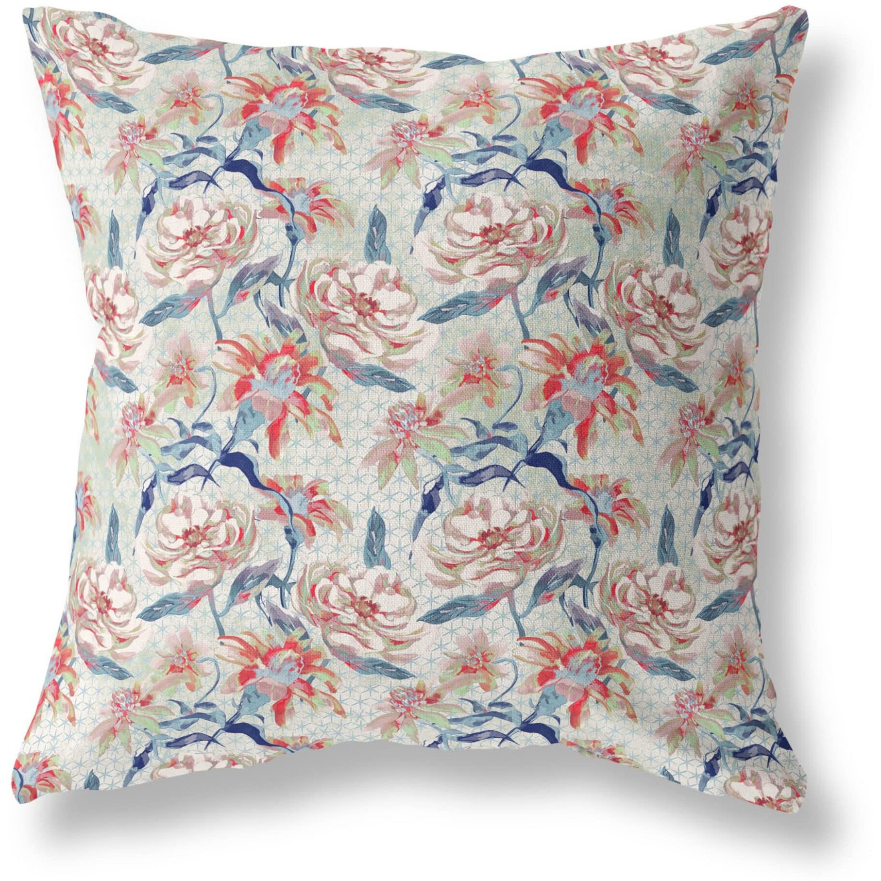 Amrita Sen Roses Sprayed Stars Indoor/Outdoor Pillow in Light Green Red Indigo 26x26