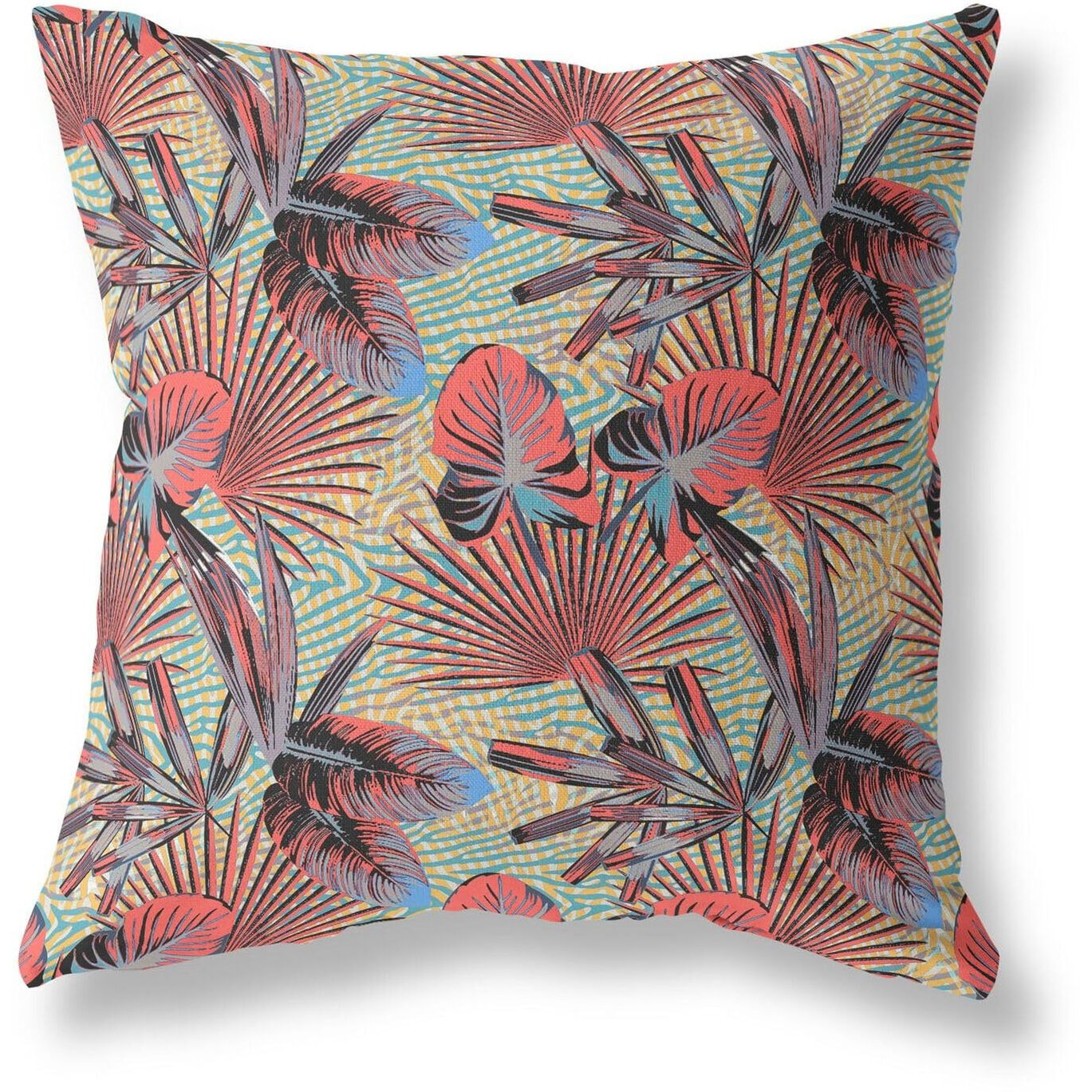Amrita Sen Designs Plant Illusion Indoor/Outdoor Fabric Pillow in Red Yellow Aqua 16x16