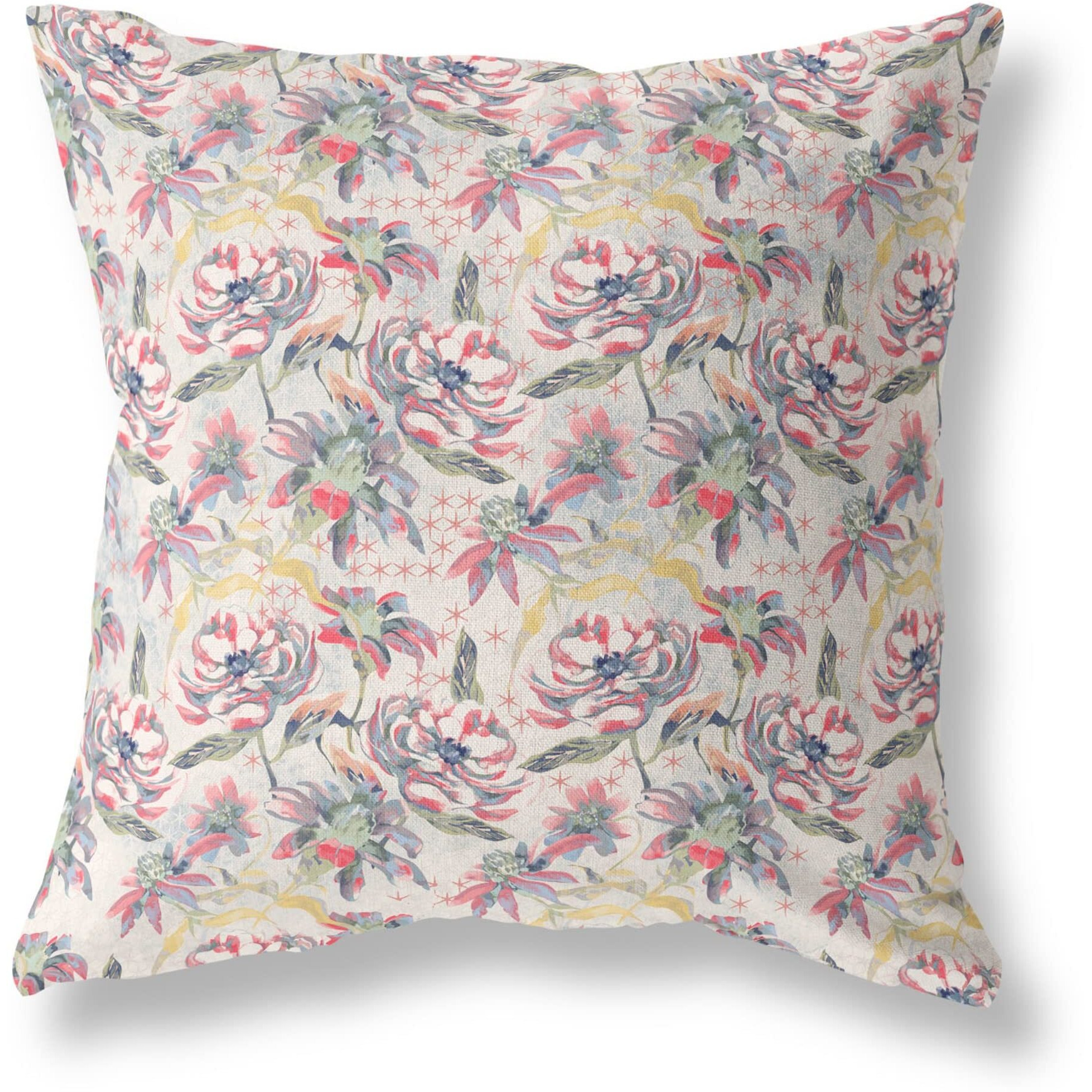 Amrita Sen Roses Sprayed Stars Indoor/Outdoor Pillow in Pink Green Yellow 16x16