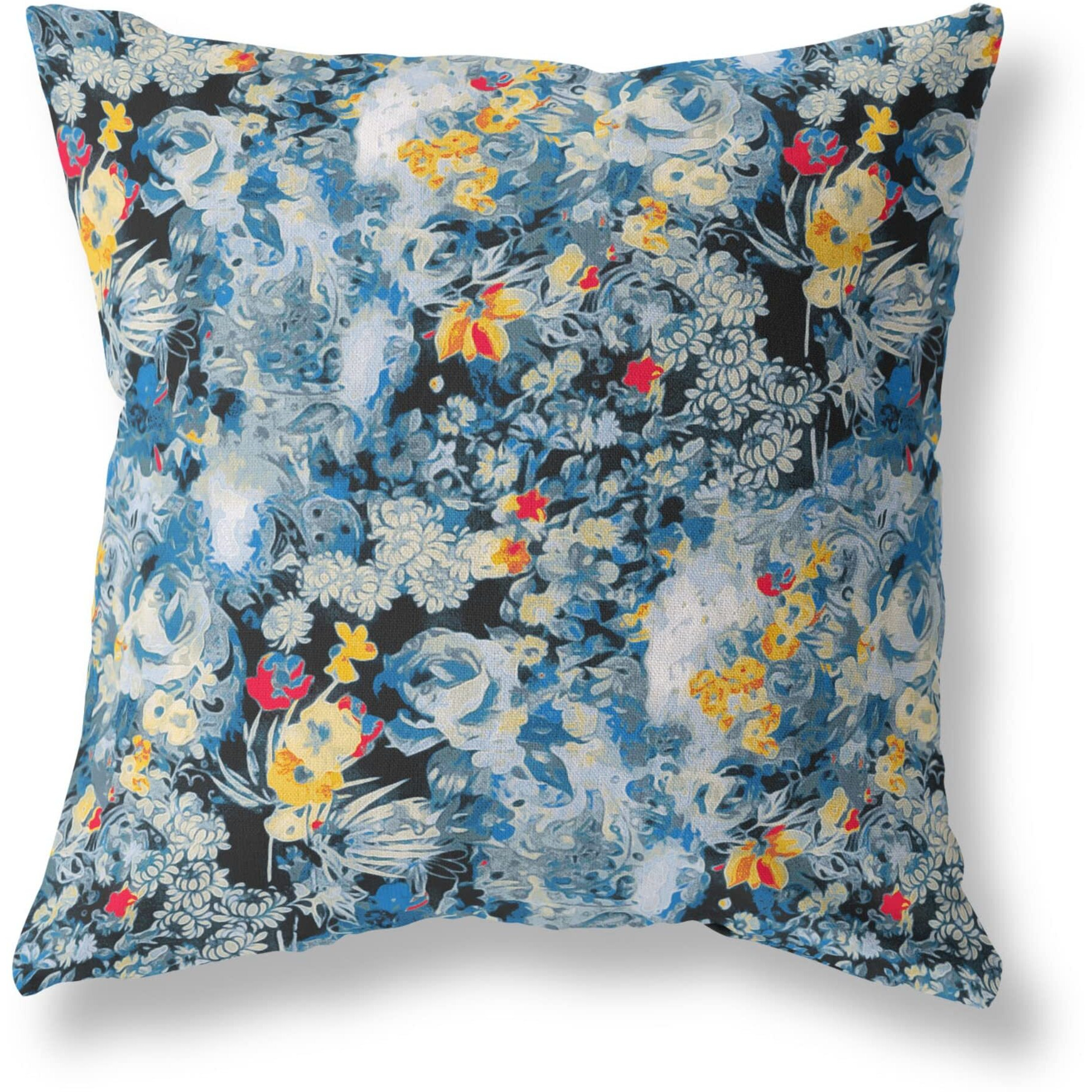 Amrita Sen Designs Sea Garden Rose Indoor/Outdoor Fabric Pillow in Muted Black Yellow 16x16