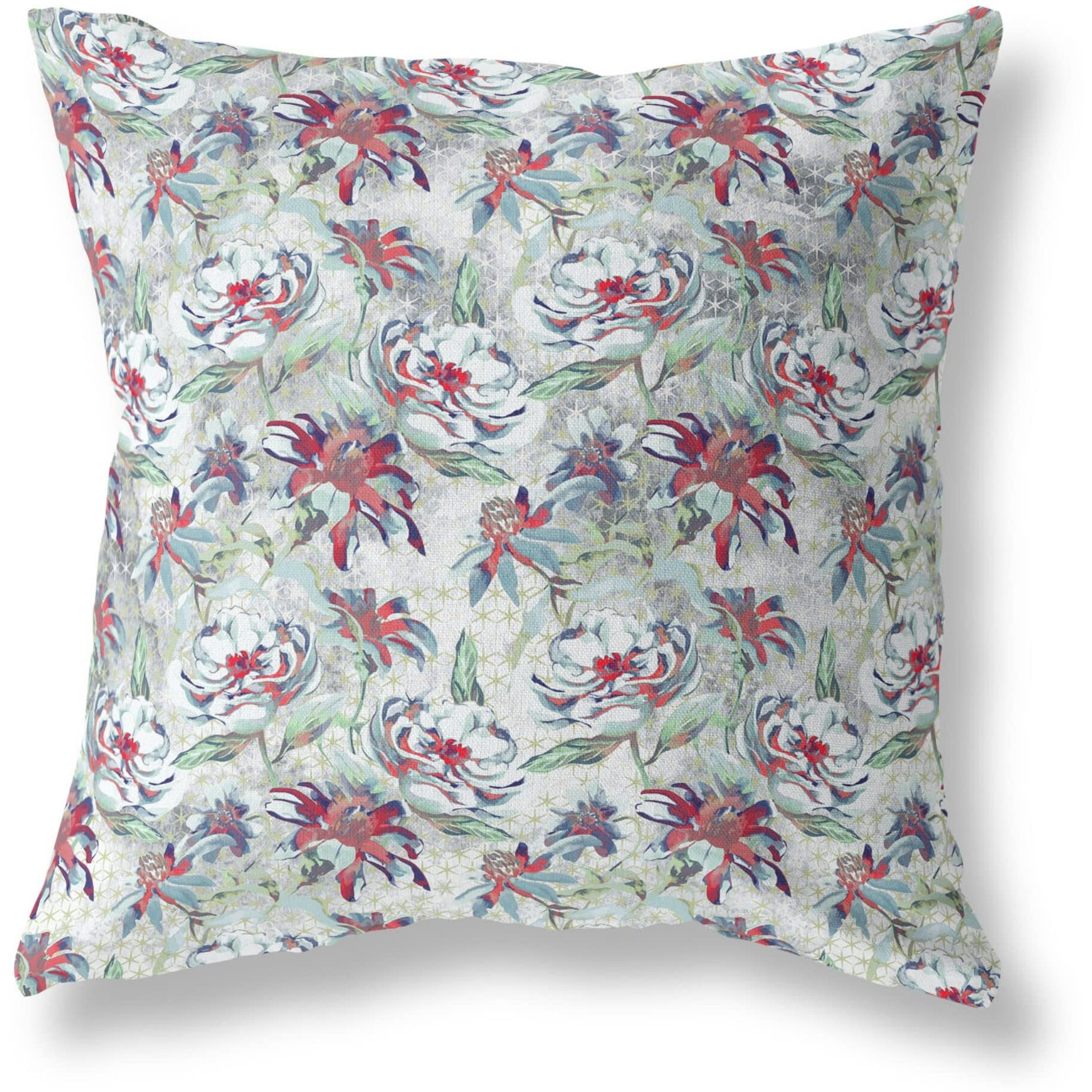 Amrita Sen Roses Sprayed Stars Indoor/Outdoor Pillow in Light Green Magenta 16x16