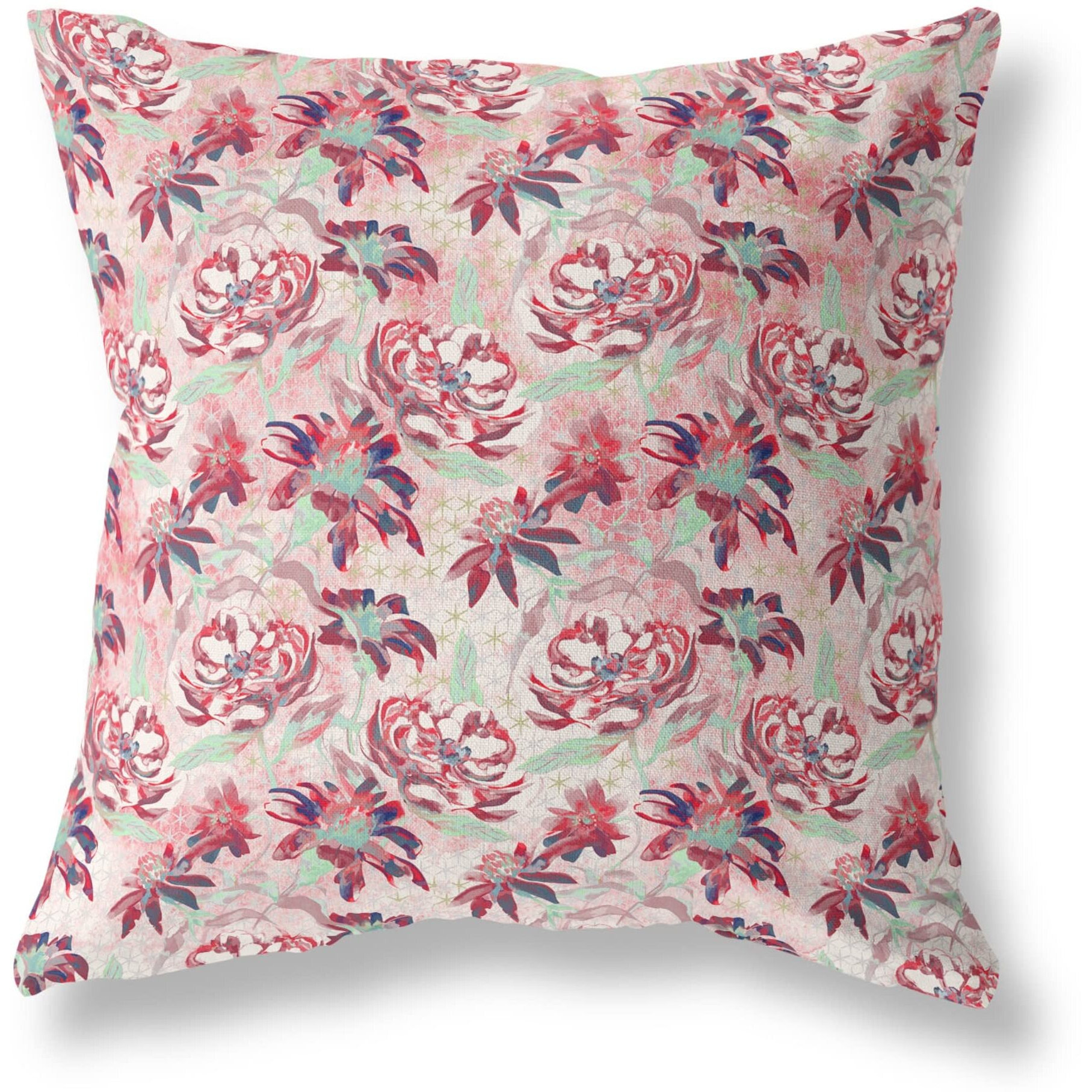 Amrita Sen Designs Roses Sprayed Stars Indoor/Outdoor Fabric Pillow in Red White 20x20