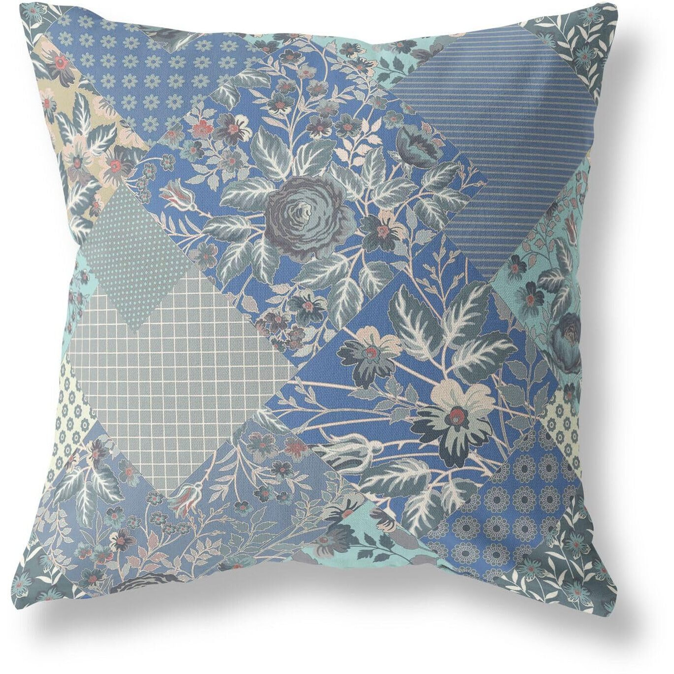 Amrita Sen Designs Arizona Floral Patches Indoor/Outdoor Fabric Pillow in Gray Blue Navy 26x26
