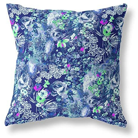 Amrita Sen Sea Garden Rose Indoor/Outdoor Pillow in Purple Blue 16x16