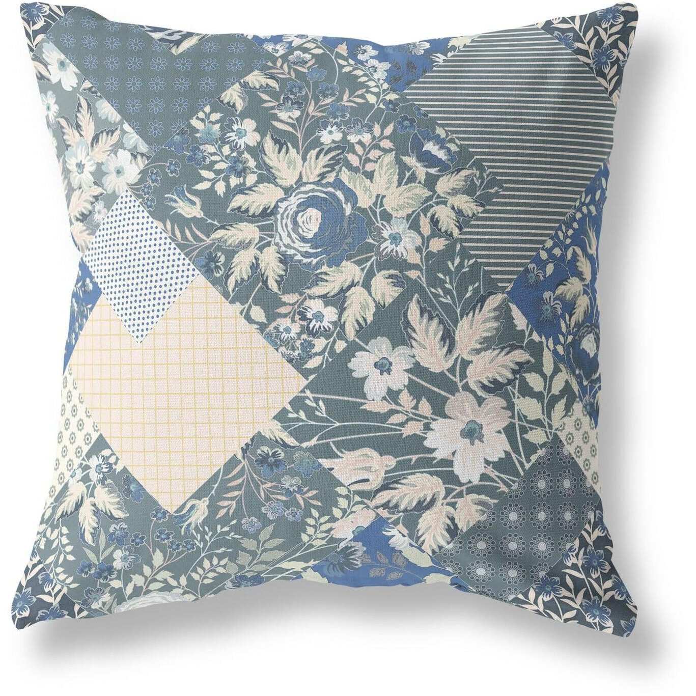 Amrita Sen Designs Arizona Floral Patches Indoor/Outdoor Fabric Pillow in Dark Gray Blue 26x26
