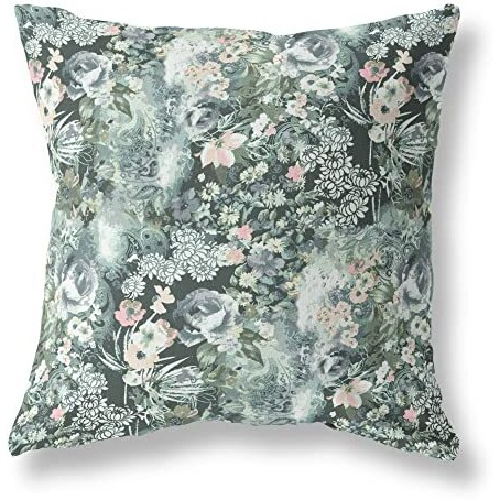 Amrita Sen Sea Garden Rose Indoor/Outdoor Pillow in Dark Green Gray 20x20