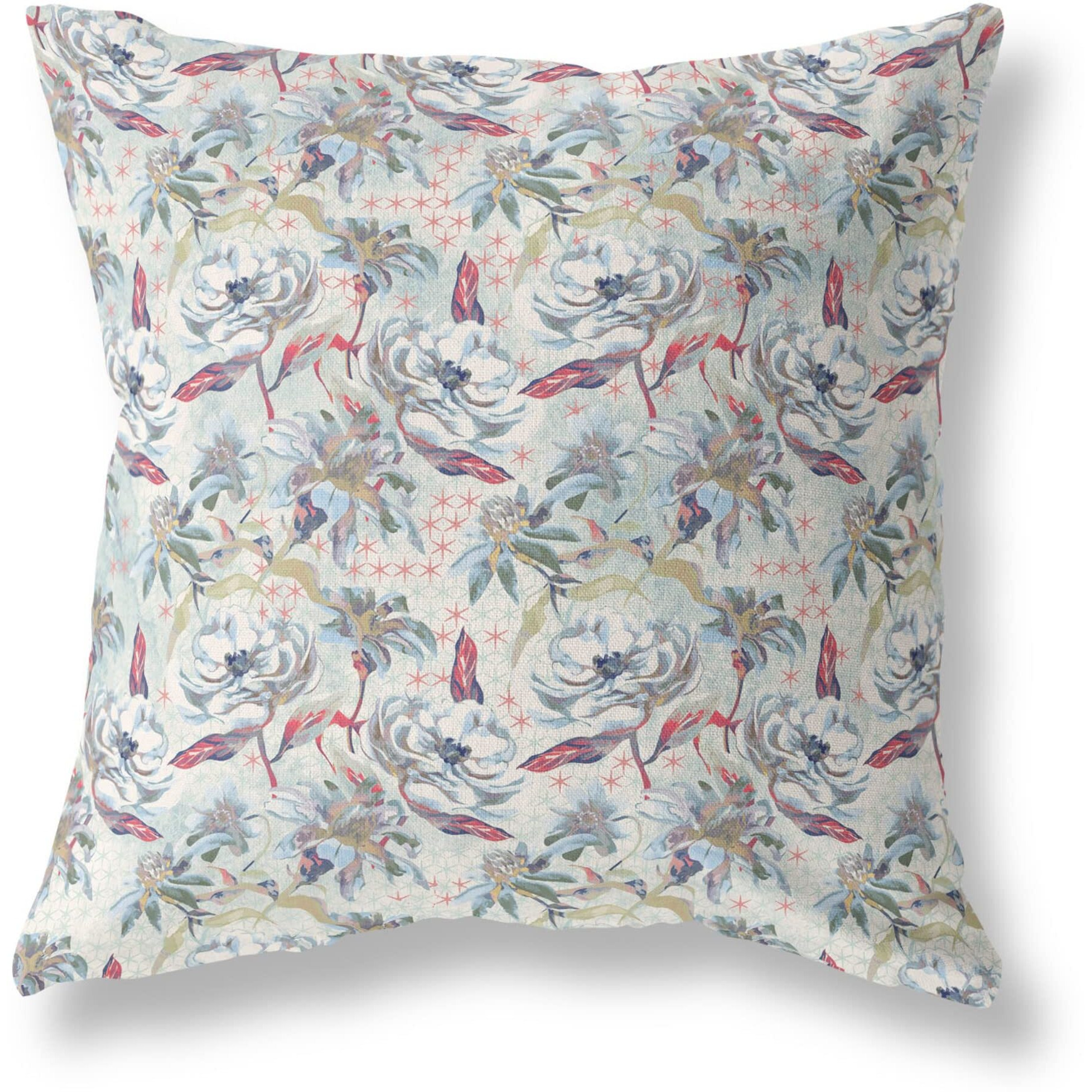 Amrita Sen Designs Roses Sprayed Stars Indoor/Outdoor Fabric Pillow in Light Green Gray 20x20