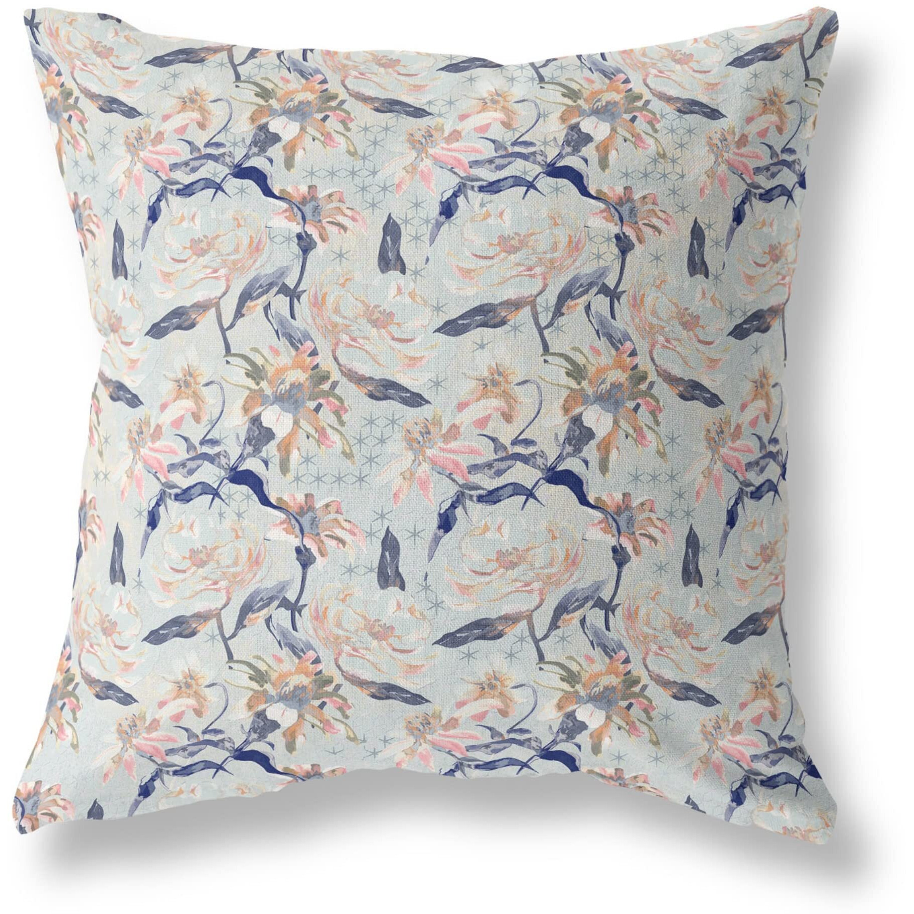Amrita Sen Roses Sprayed Stars Indoor/Outdoor Pillow in Light Blue Pink Indigo 28x28