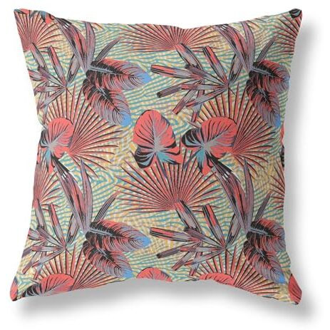 Amrita Sen Plant Illusion Indoor/Outdoor Pillow in Red Yellow Aqua 18x18