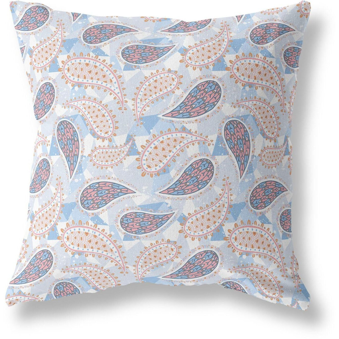 Amrita Sen Designs Paisley on Abstract Indoor/Outdoor Fabric Pillow in Blue White Pink 28x28