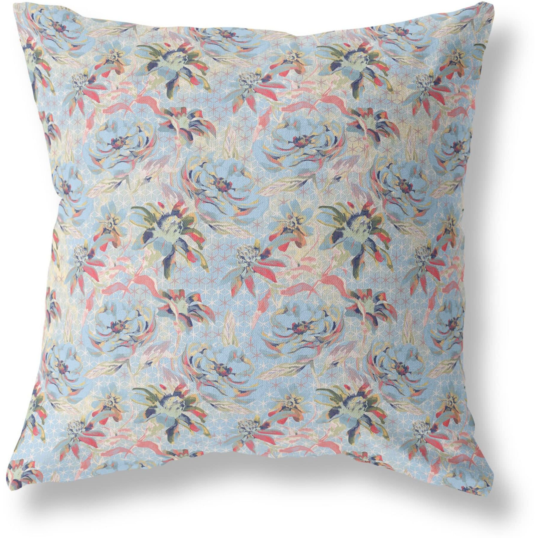 Amrita Sen Roses Sprayed Stars Indoor/Outdoor Pillow in Light Blue Red 20x20