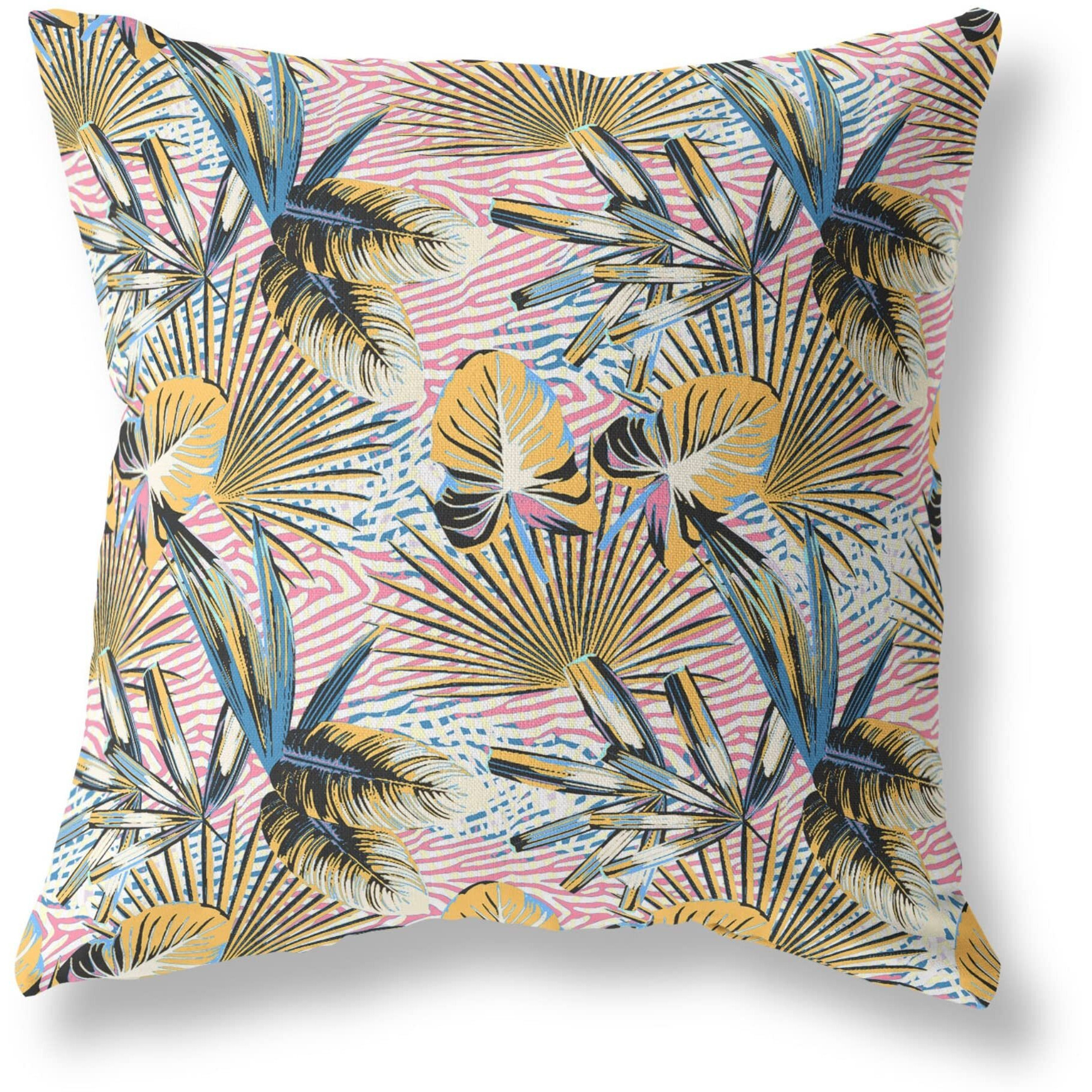 Amrita Sen Plant Illusion Indoor/Outdoor Pillow in Gold Blue Pink 26x26