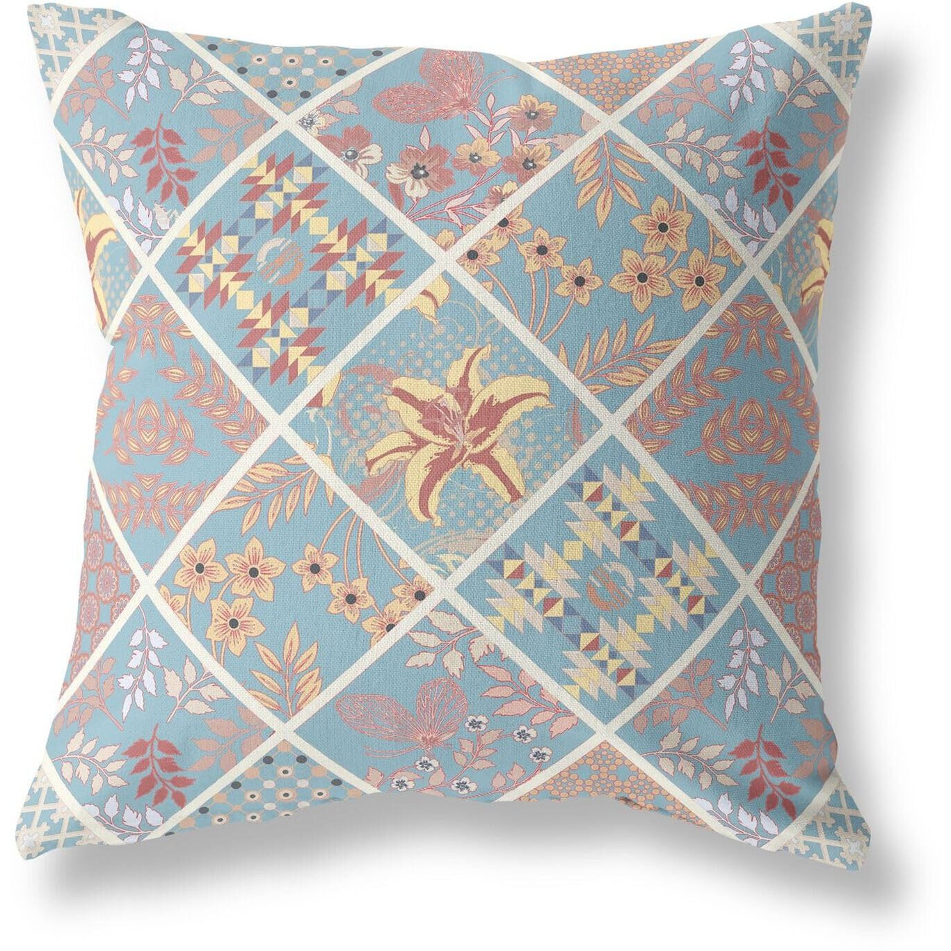 Amrita Sen Designs Fall Patch Snowflowers Indoor/Outdoor Fabric Pillow in Light Blue Yellow 16x16