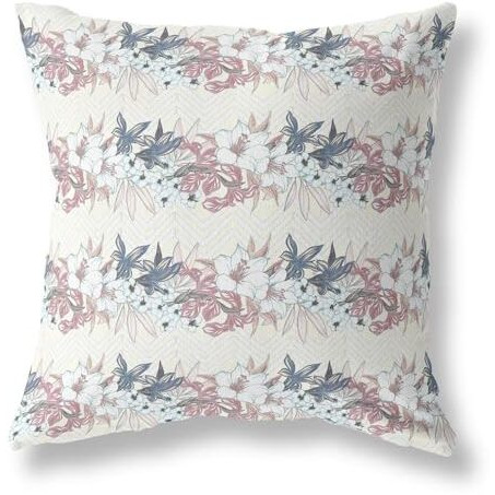 Amrita Sen Lily Garden Stripes Indoor/Outdoor Pillow in White Pink 18x18