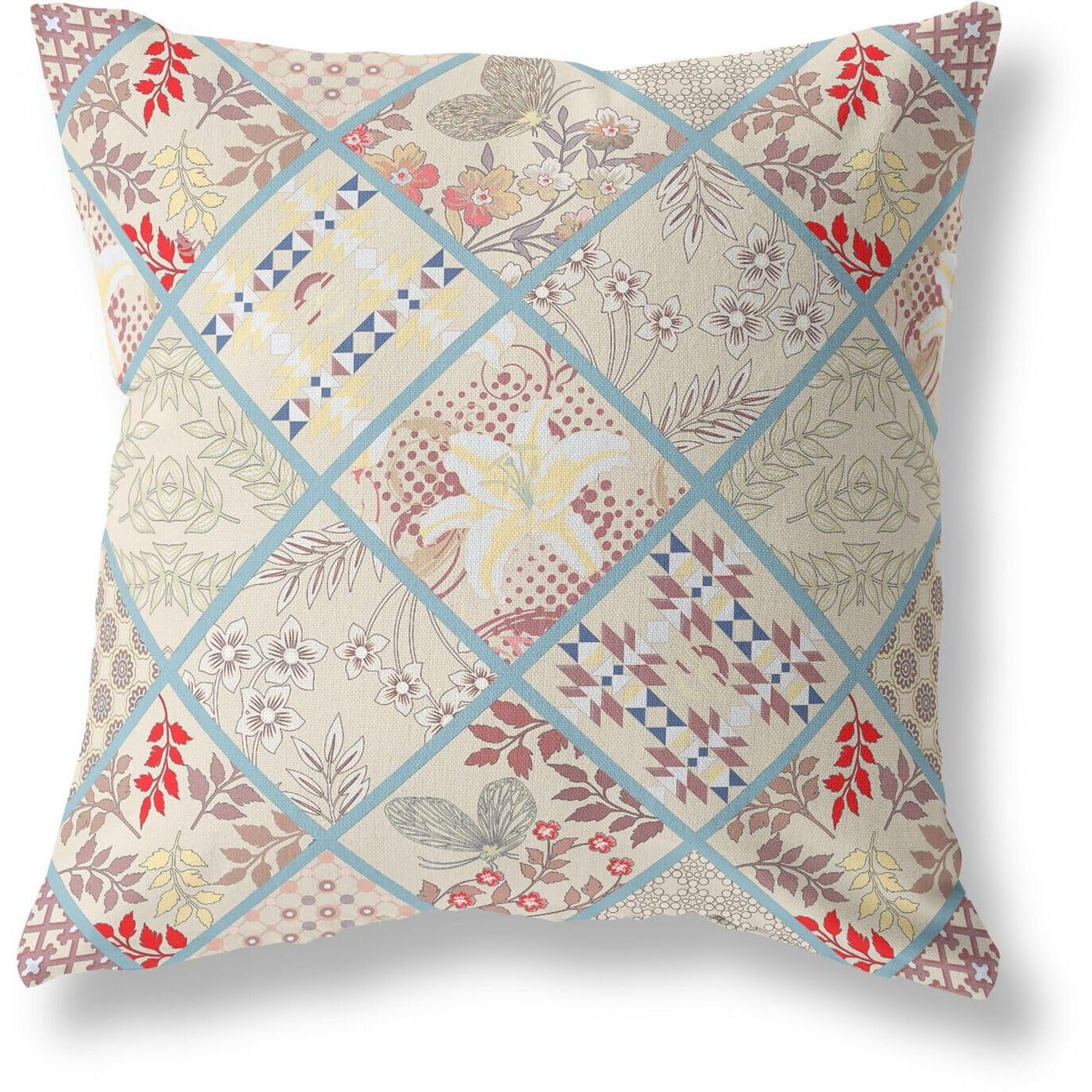 Amrita Sen Designs Fall Patch Snowflowers Indoor/Outdoor Fabric Pillow in Cream Magenta Red 20x20