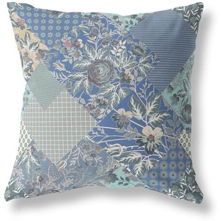 Amrita Sen Designs Arizona Floral Patches Indoor/Outdoor Fabric Pillow in Gray Blue Navy 18x18