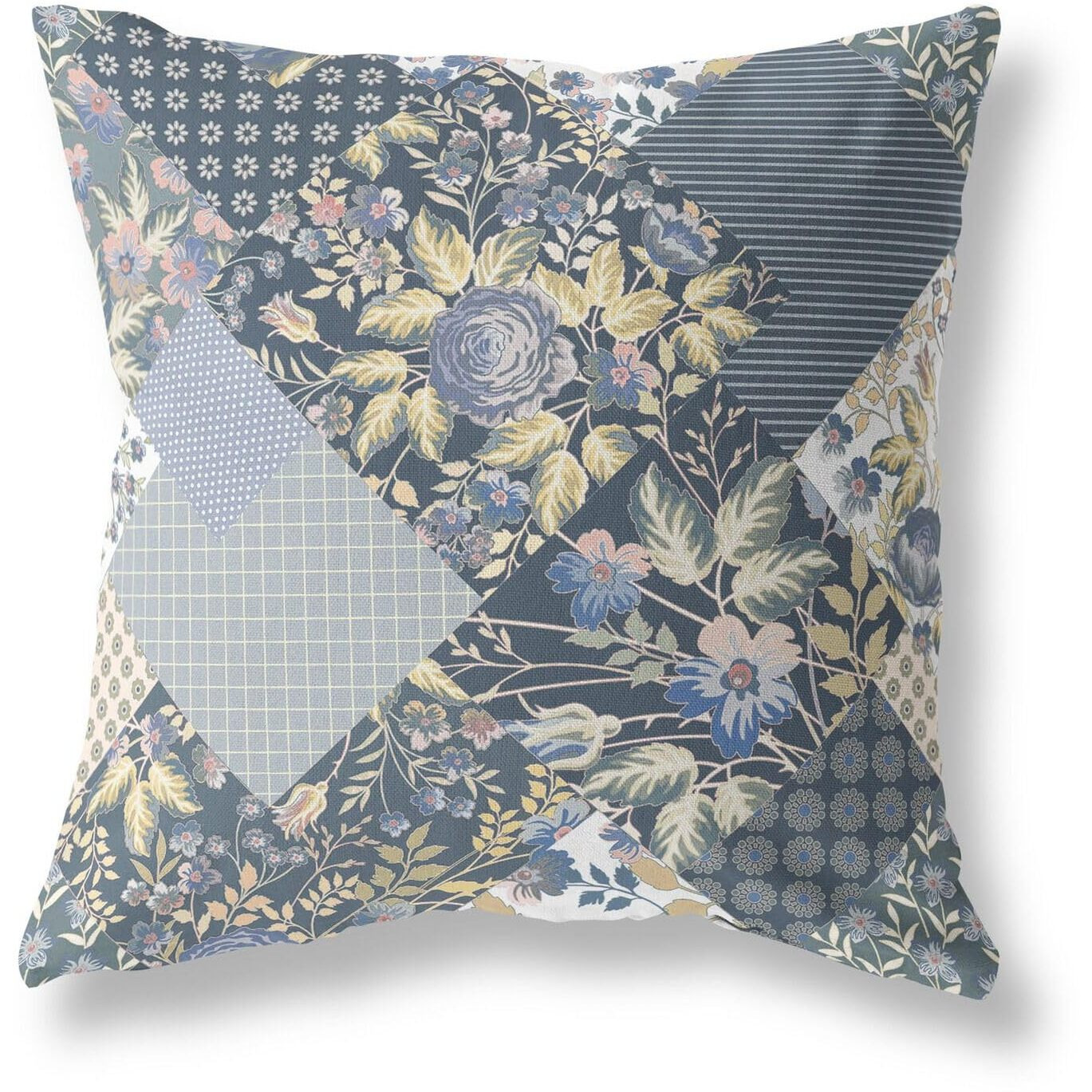 Amrita Sen Arizona Floral Patches Indoor/Outdoor Pillow in Dark Blue Yellow 20x20