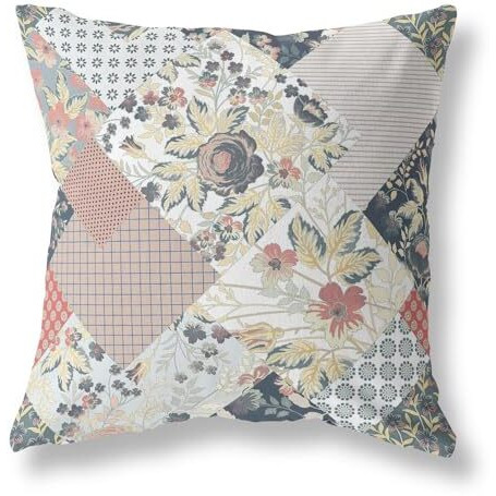 Amrita Sen Arizona Floral Patches Indoor/Outdoor Pillow in Peach Cream Black 16x16