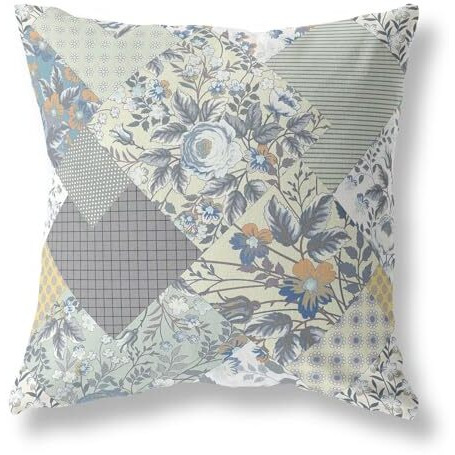 Amrita Sen Arizona Floral Patches Indoor/Outdoor Pillow in Light Gray Cream 20x20