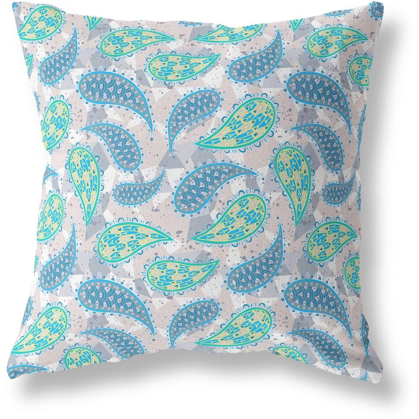 Amrita Sen Designs Paisley on Abstract Indoor/Outdoor Fabric Pillow in Green Indigo Beige 28x28