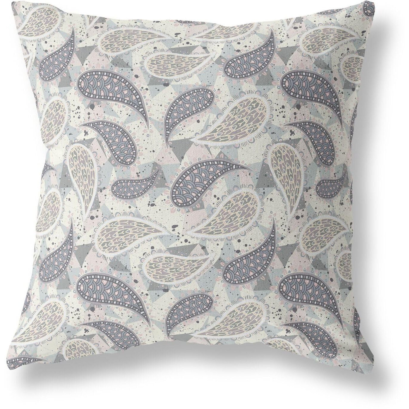 Amrita Sen Designs Paisley on Abstract Indoor/Outdoor Fabric Pillow in Gray Cream 26x26