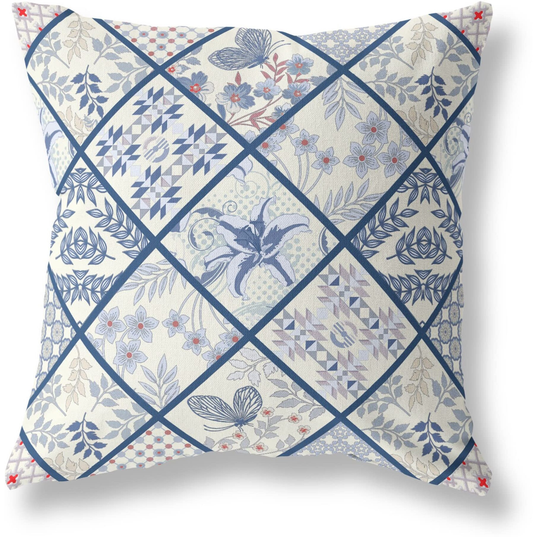 Amrita Sen Fall Patch Snowflowers Indoor/Outdoor Pillow in Cream Navy Blue 28x28