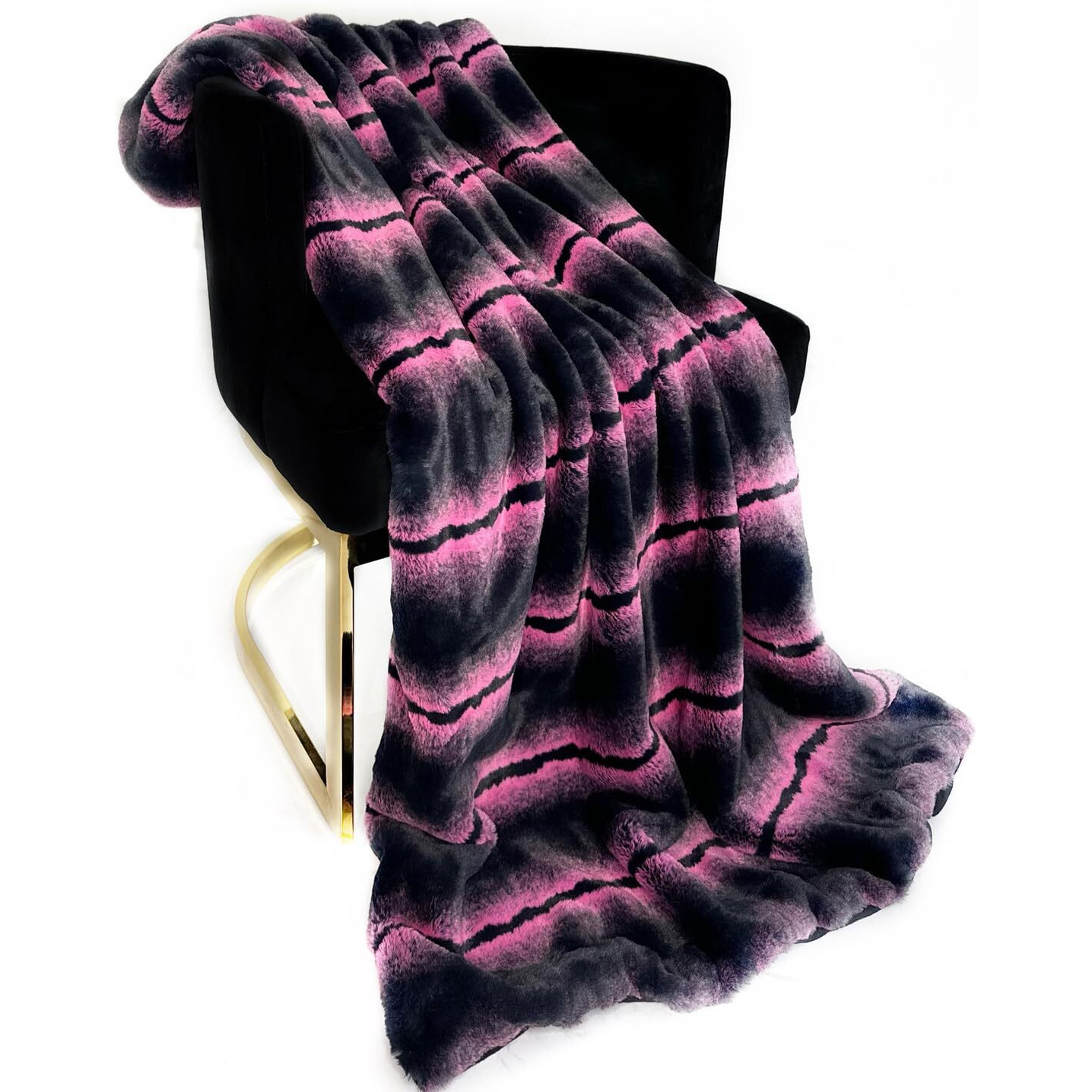 Plutus Brands Fuchsia Black Fluffy Fields Faux Fur Luxury Throw Blanket