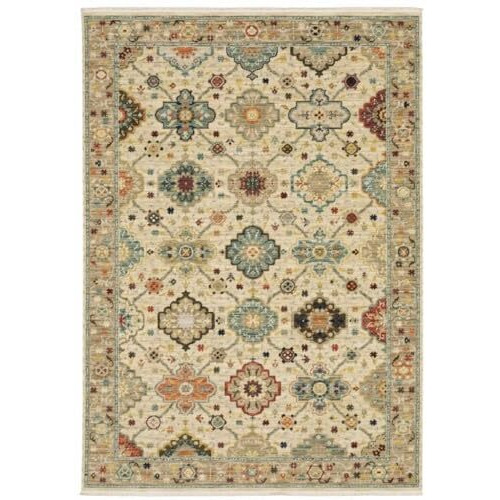 HomeRoots 509193 2 x 3 ft. Beige Pale Blue Rust Gold Tan Brown & Orange Oriental Power Loom Stain Resistant Rectangle Area Rug with Fringe