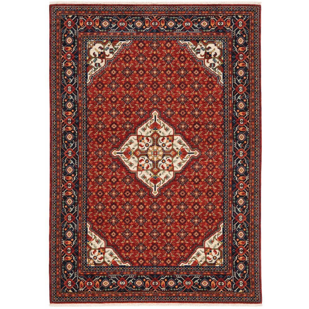 HomeRoots 509218 6 x 9 ft. Red Blue Ivory & Orange Oriental Power Loom Stain Resistant Rectangle Area Rug with Fringe