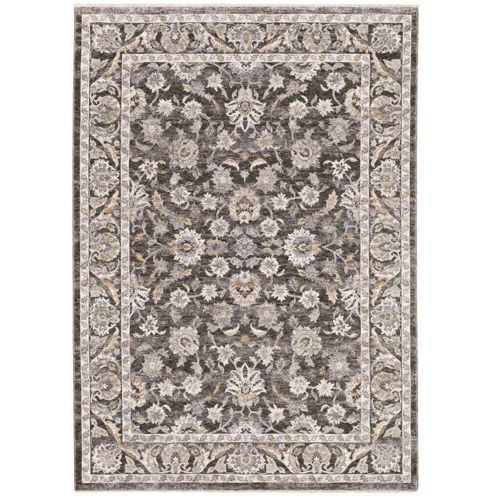 HomeRoots 509389 3 x 5 ft. Gray & Ivory Oriental Power Loom Stain Resistant Rectangle Area Rug with Fringe