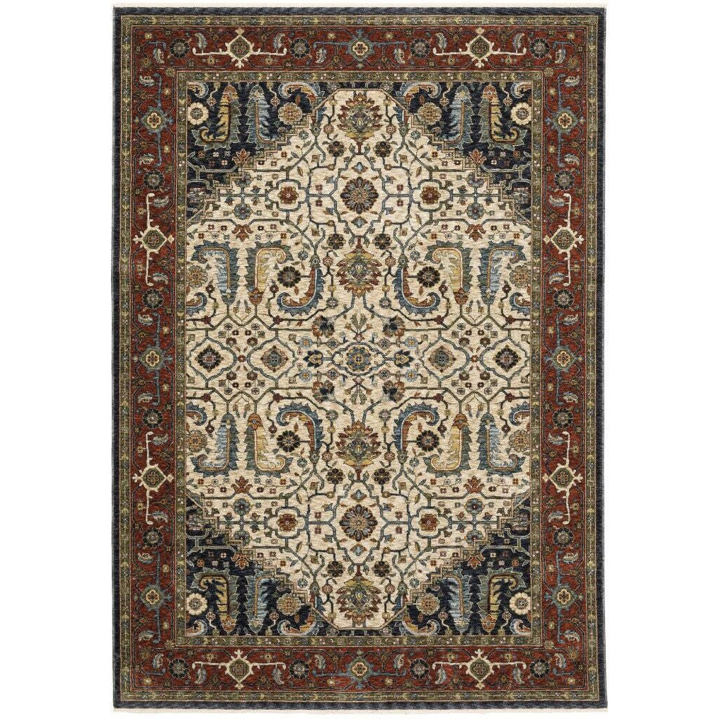 HomeRoots 508034 5 x 8 ft. Ivory Beige Red Blue Gold Green & Navy Oriental Power Loom Stain Resistant Rectangle Area Rug with Fringe