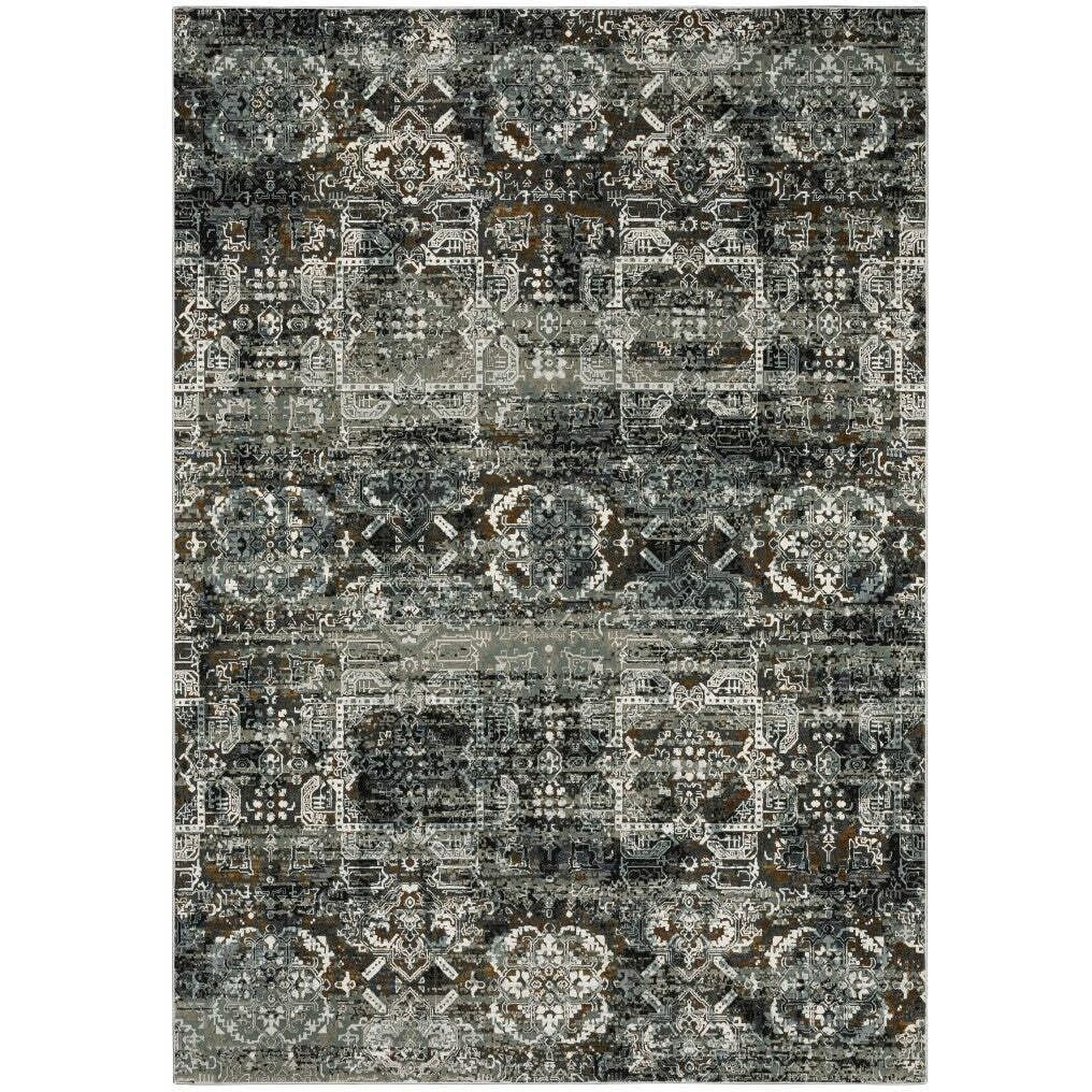 HomeRoots 508905 4 x 6 ft. Ivory Charcoal Gray Blue Rust Gold & Brown Oriental Power Loom Stain Resistant Rectangle Area Rug