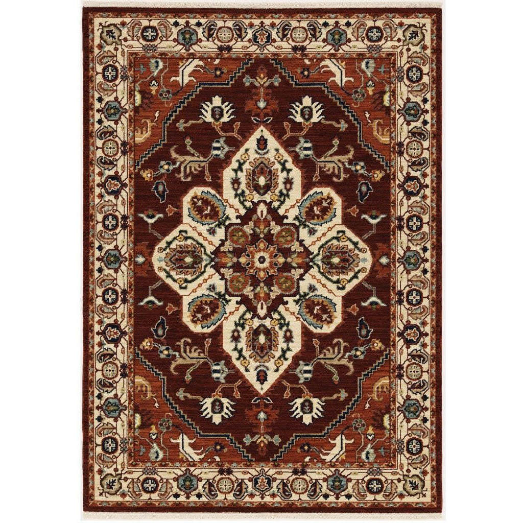 HomeRoots 509244 6 x 9 ft. Red Ivory Orange & Blue Oriental Power Loom Stain Resistant Rectangle Area Rug with Fringe