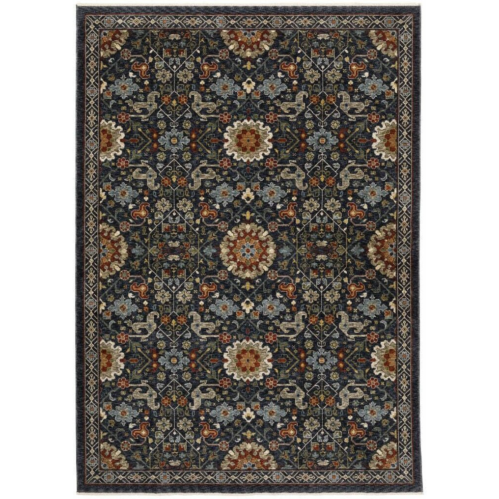 HomeRoots 507974 10 x 13 ft. Blue Red Ivory & Gold Oriental Power Loom Stain Resistant Rectangle Area Rug with Fringe