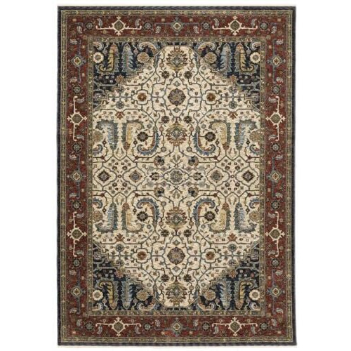 HomeRoots 508033 3 x 5 ft. Ivory Beige Red Blue Gold Green & Navy Oriental Power Loom Stain Resistant Rectangle Area Rug with Fringe