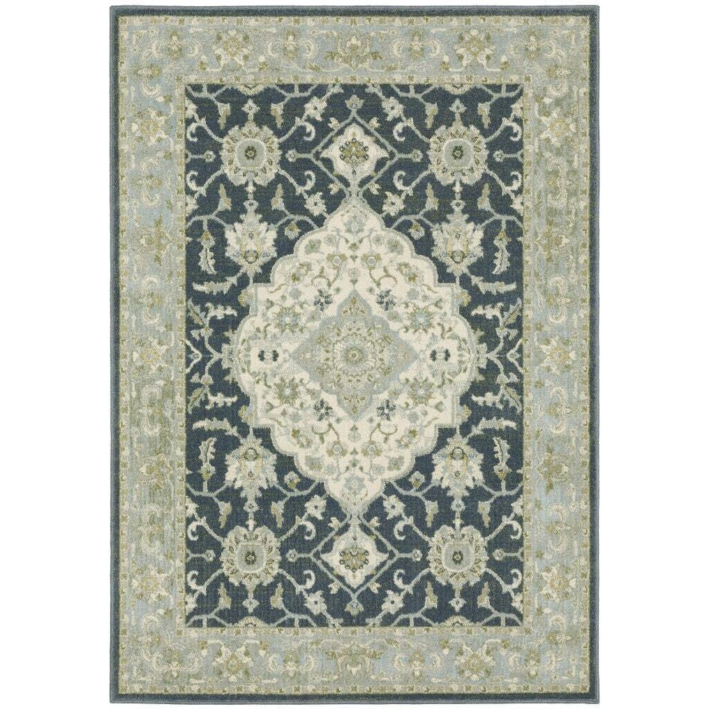HomeRoots 508455 10 x 13 ft. Teal Blue Ivory Green & Gray Oriental Power Loom Stain Resistant Rectangle Area Rug