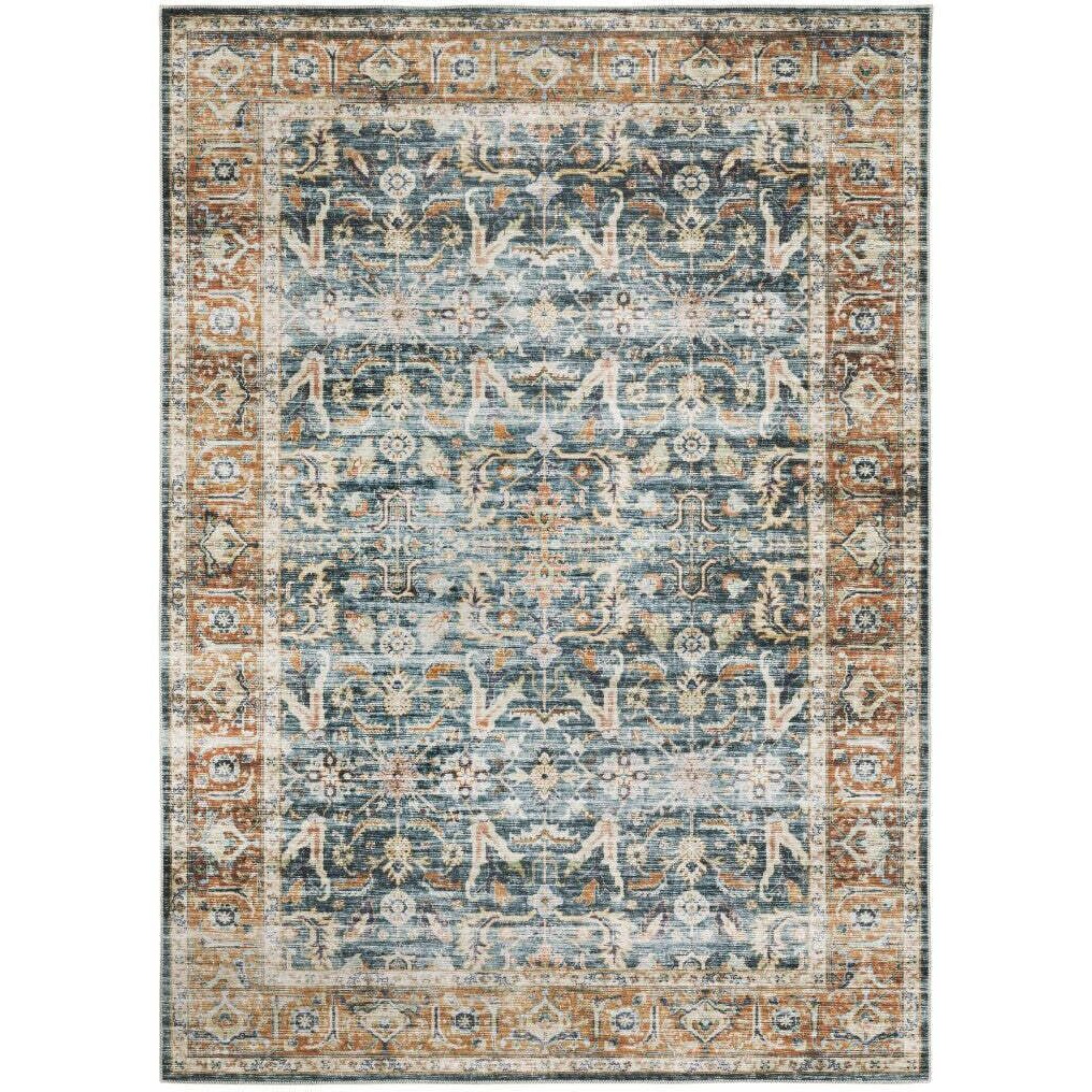 HomeRoots 510390 7 x 10 ft. Blue Rust Gold & Olive Oriental Printed Stain Resistant Non Skid Rectangle Area Rug