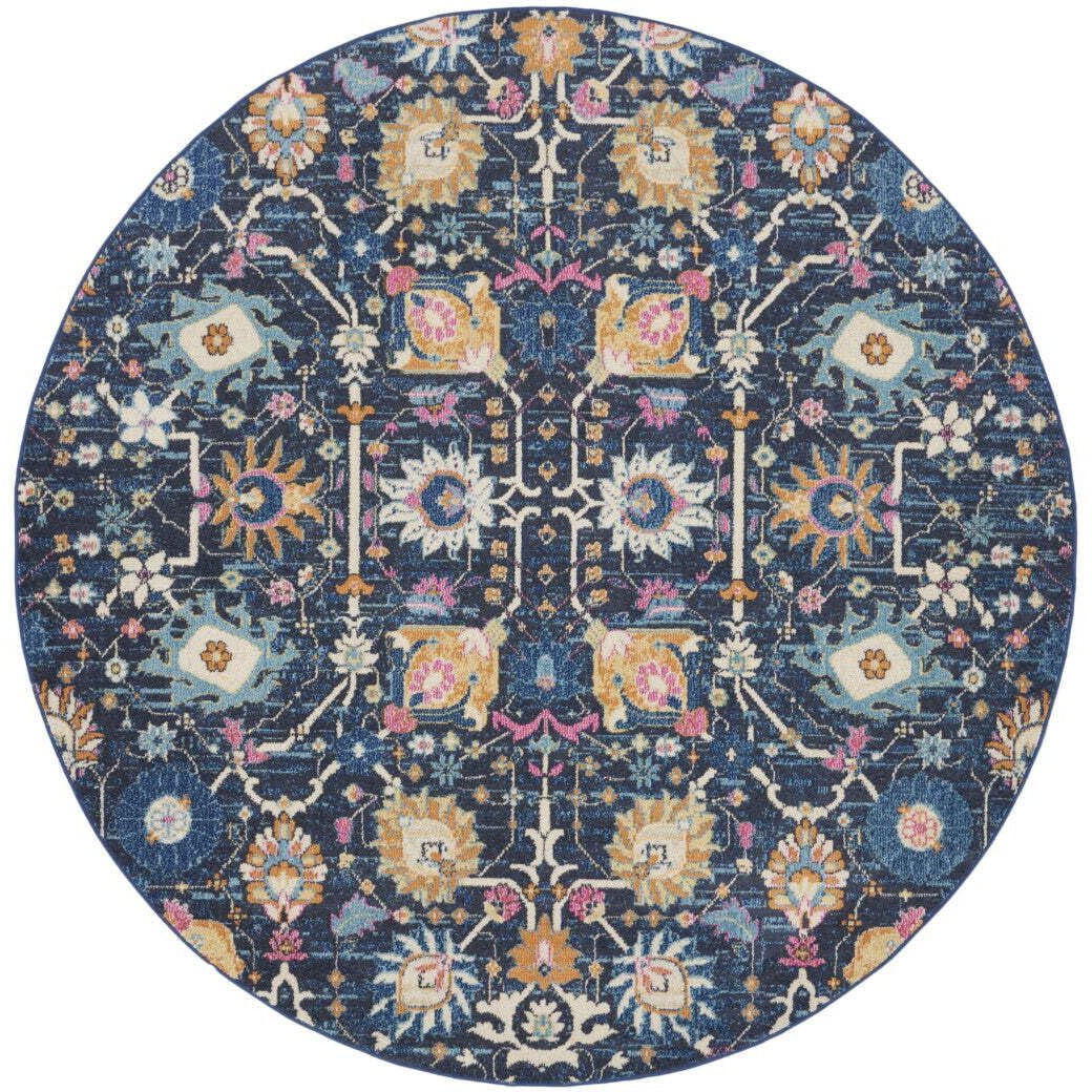 HomeRoots 522563 8 ft. Navy Blue Floral Power Loom Round Area Rug