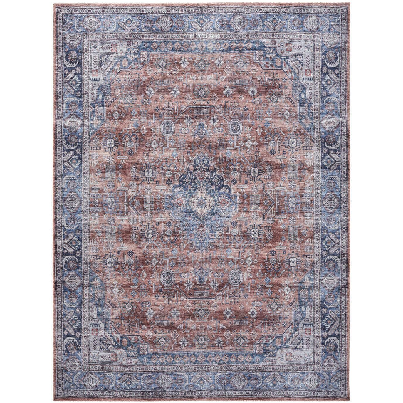 HomeRoots 533339 9 x 12 ft. Blue & Red Oriental Traditional Power Loomed Distressed Washable Non Skid Rectangle Area Rug